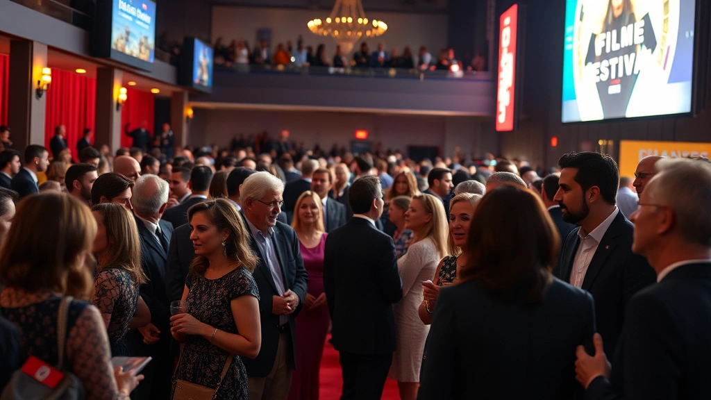 Film festival premiere scene with adult audience members in elegant attire, sophisticated atmosphere, red carpet aesthetic, networking and conversation, upscale cinema setting