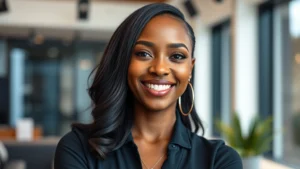 Professional headshot of confident Black female entertainer in modern studio setting with soft lighting and contemporary background, natural smile, polished appearance, high-resolution digital photography