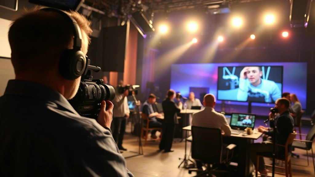 Behind-the-scenes television production environment with director monitoring screens, crew members operating equipment, sound stage setup, professional broadcasting atmosphere, cinematic lighting