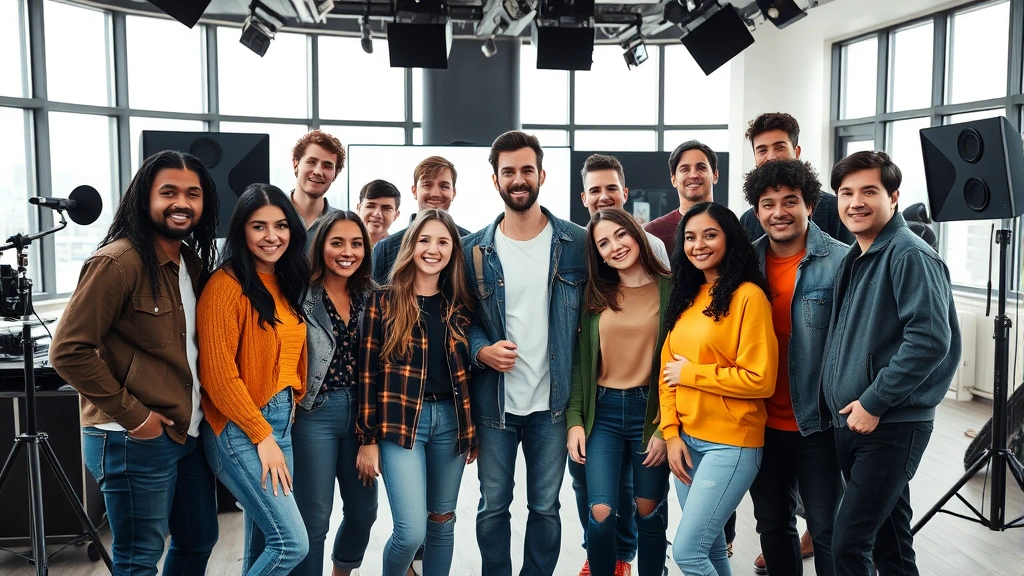 Diverse group of young entertainers in entertainment industry setting, collaborative creative environment, modern studio or office space, professional production context, contemporary media workplace