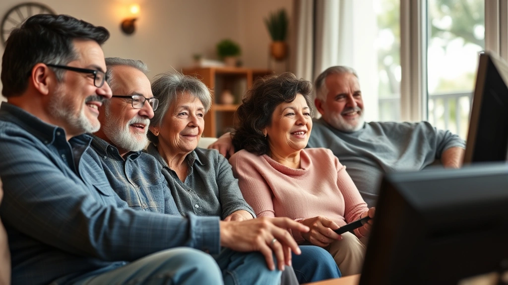 Diverse multigenerational audience watching television together in home setting, comfortable living room, warm natural lighting, genuine expressions of engagement and entertainment, authentic family viewing moment