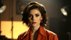 Professional female performer in dramatic scene, 1990s television production aesthetic, theatrical lighting, serious expression, studio setting, professional makeup and wardrobe