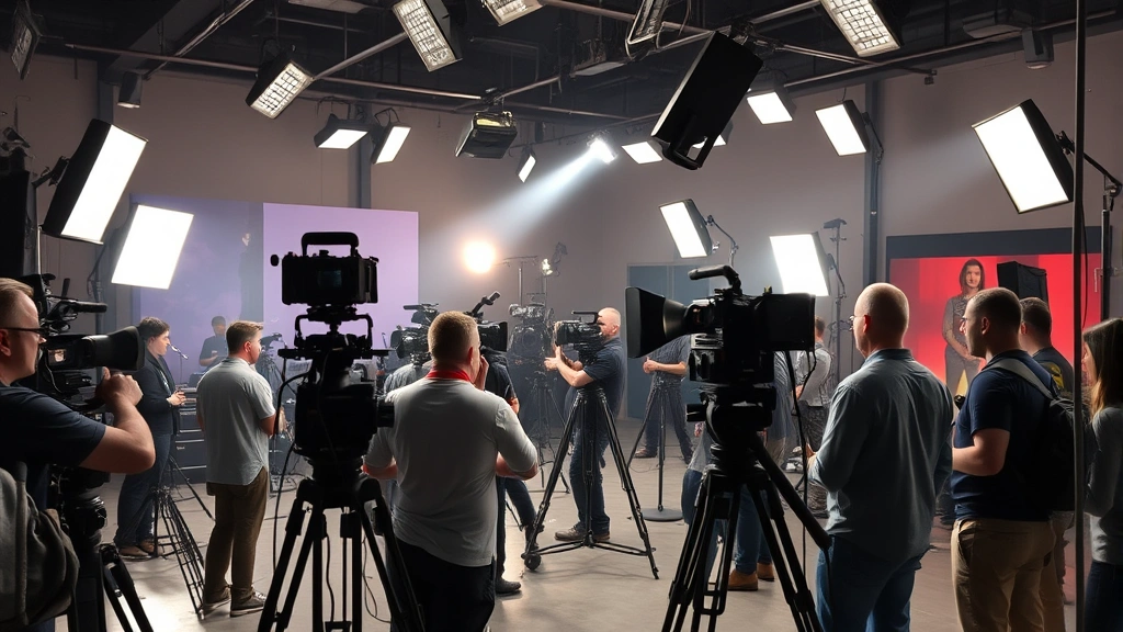 Film set environment with cameras, lighting equipment, and crew members working on production, cinematic equipment visible, professional studio atmosphere, no people faces clearly visible