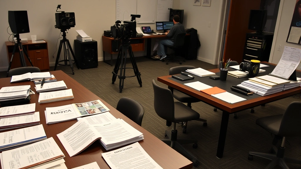 Entertainment industry workspace with scripts, casting materials, and production notes on tables, professional office environment, industry documentation visible, neutral background