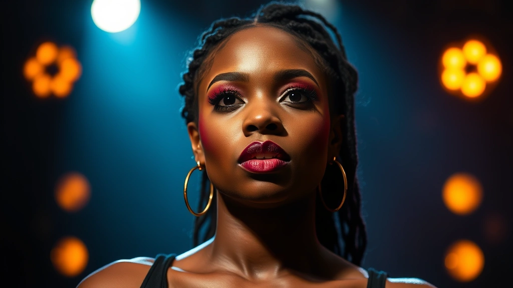 Professional headshot of Black female performer in dramatic stage lighting, showing intense emotional expression and theatrical presence, theatrical setting with spotlights