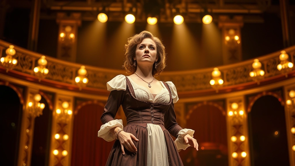 Female performer on Broadway stage in period costume under golden stage lighting, performing musical theater scene with commanding presence and emotional intensity