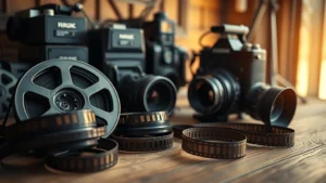 Cinematic film reels and vintage camera equipment arranged on wooden surface with warm studio lighting, photorealistic professional photography, shallow depth of field focusing on film stock details
