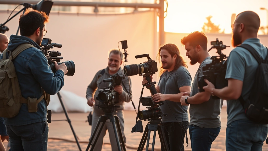 Diverse international film crew members collaborating on set with professional camera equipment and lighting rigs, cinematic composition showing creative teamwork in action, warm golden hour lighting