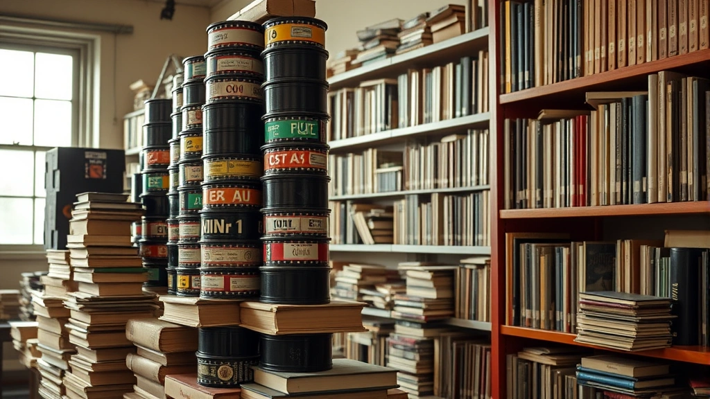 Stacked vintage film canisters and archival materials in library setting with natural window light, photorealistic documentation of cinema preservation, organized shelving with professional archival presentation