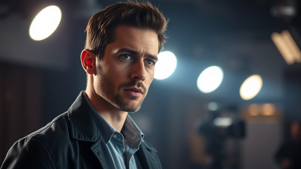 Professional male actor in dramatic scene, intense emotional expression, modern television production lighting, serious character moment, contemporary dramatic setting, photorealistic cinematography