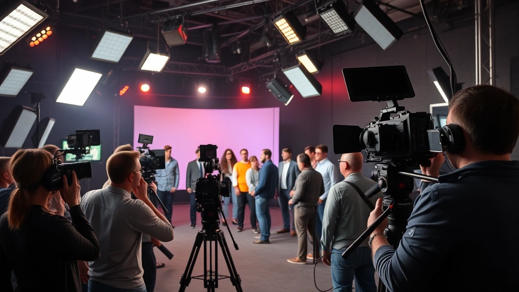 Film and television production set with professional crew, camera equipment and lighting rigs, behind-the-scenes entertainment industry environment, multiple actors in scene, professional broadcast quality