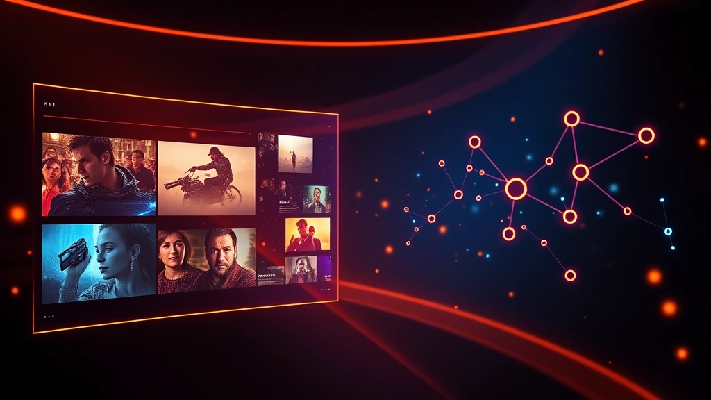 Vibrant digital cinema interface glowing with warm amber and cool blue lighting, showing abstract movie tiles and social connection nodes floating in dark space, modern minimalist aesthetic, photorealistic rendering