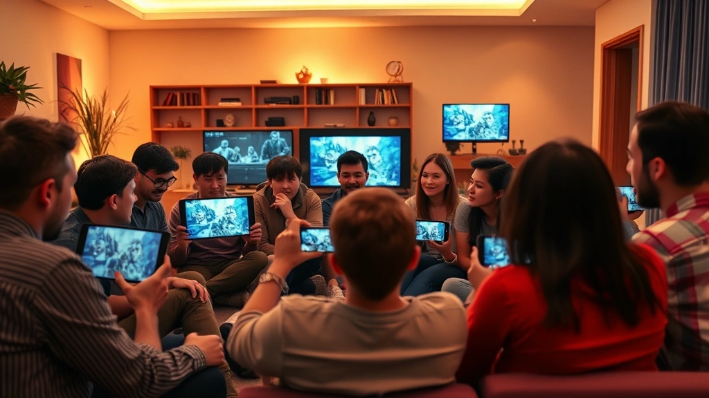 Diverse group of people watching screens together in modern living room with soft ambient lighting, multiple devices displaying different content, warm and inviting atmosphere, photorealistic cinematic composition