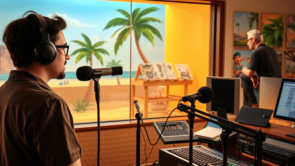 Professional voice acting studio recording session with actor at microphone wearing headphones, sound engineer visible through glass booth window, tropical-themed animation storyboards on walls, warm professional lighting, digital audio equipment visible