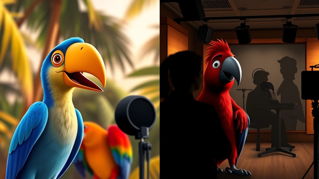 Split-screen comparison of animated blue and red macaw characters from tropical animated film alongside silhouettes of voice actors in recording booths, showing connection between performers and characters, professional studio environment with modern technology