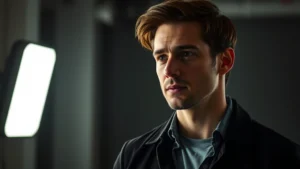 Professional male actor in dramatic lighting, contemplative expression, modern studio setting, cinematic portrait style, sophisticated character study aesthetic, no text or identifying marks