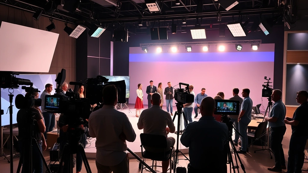 Television production set with dramatic lighting equipment, actors in scene, professional crew working, broadcast studio environment, dynamic creative collaboration atmosphere, no screens or interfaces visible