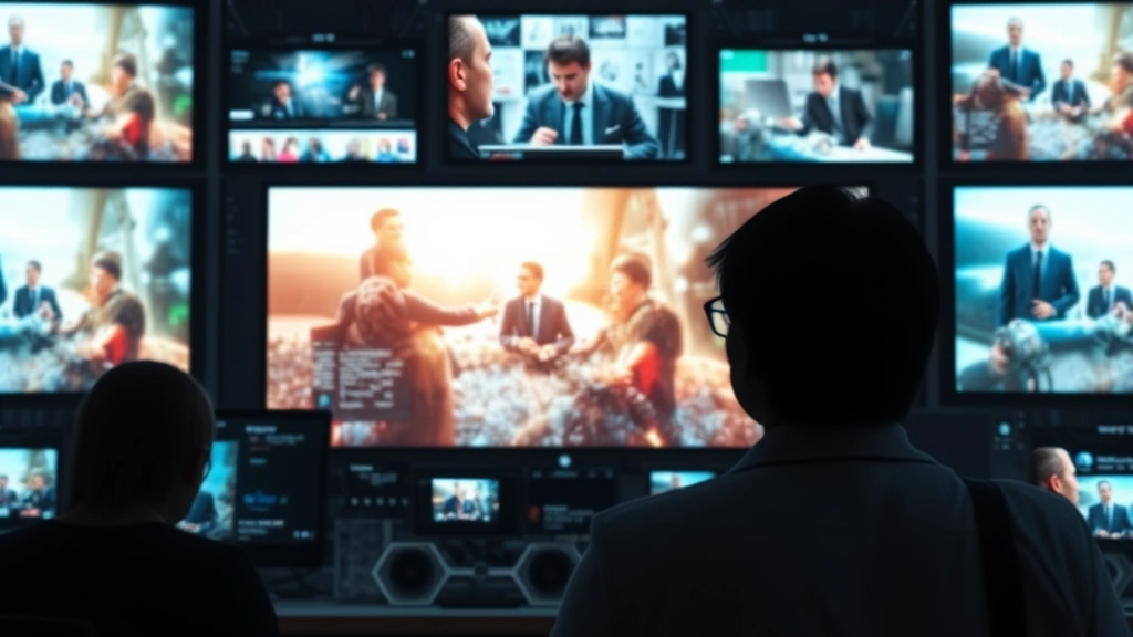 Digital streaming platform concept visualization, multiple screens showing diverse content, modern media technology environment, abstract digital landscape, contemporary entertainment distribution imagery, no readable text on screens