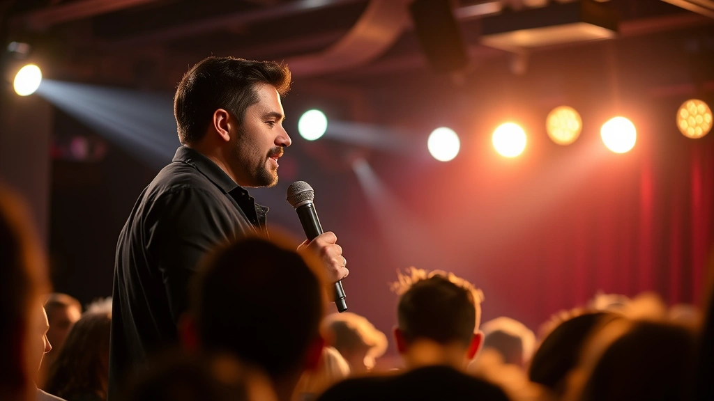 A close-up of a professional comedian performing on stage with dramatic lighting, microphone in hand, audience silhouettes visible in foreground, capturing the intensity of live comedy performance in a modern comedy club setting