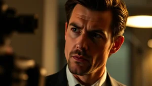 Professional actor in modern dramatic scene, intense facial expression, cinematic lighting, contemporary film production quality, authentic performance moment