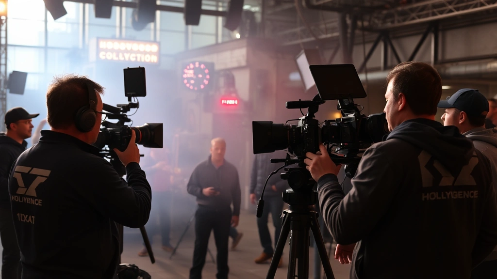 Action film set with professional camera equipment, stunt coordination setup, behind-the-scenes Hollywood production environment, crew working on major film production