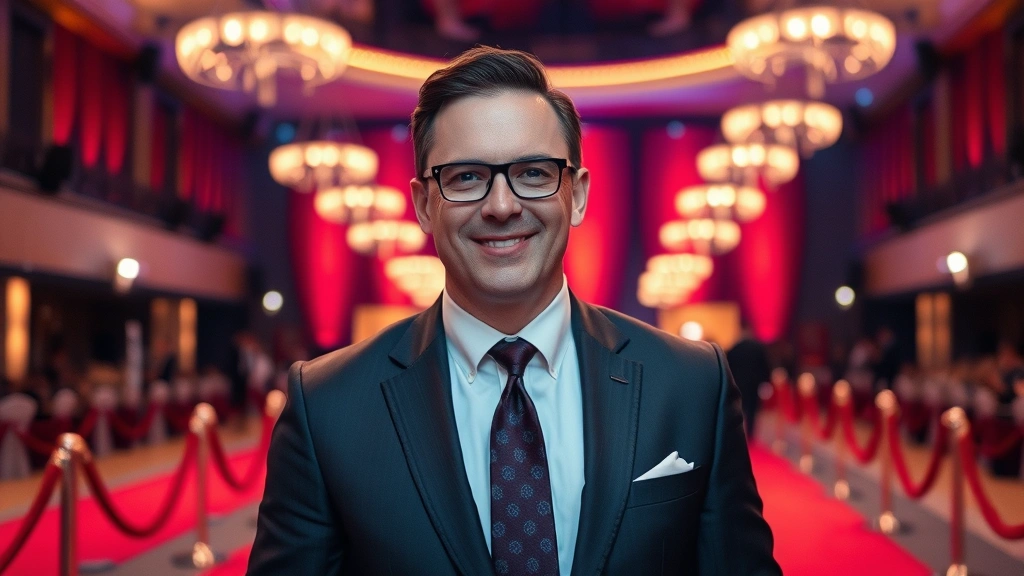 Entertainment industry professional in suit at premiere event, sophisticated venue lighting, formal entertainment industry setting, red carpet atmosphere