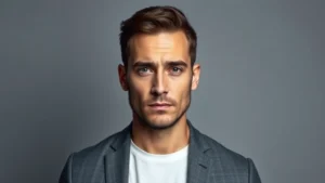 Professional headshot of a male actor in dramatic lighting, serious expression, contemporary styling, studio photography with neutral background, photorealistic portrait