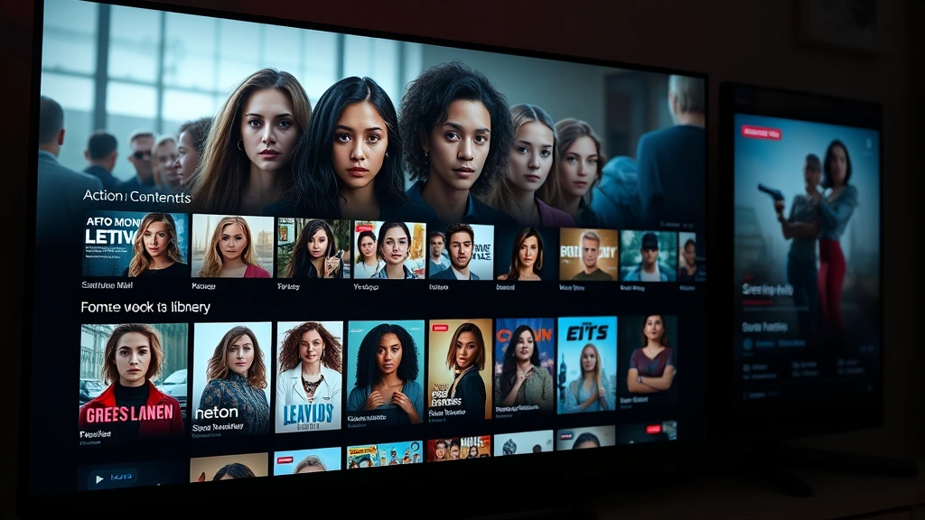 Streaming platform interface showcasing action content library with diverse female leads, modern UI design, glowing screen with entertainment thumbnails, professional photography of digital media consumption, contemporary technology aesthetic