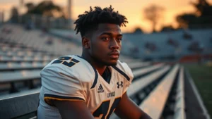 Young African American male college student in football uniform sitting thoughtfully on stadium bench at dusk, contemplative expression, authentic athletic gear, natural lighting, serious emotional tone