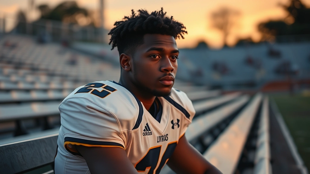 Young African American male college student in football uniform sitting thoughtfully on stadium bench at dusk, contemplative expression, authentic athletic gear, natural lighting, serious emotional tone