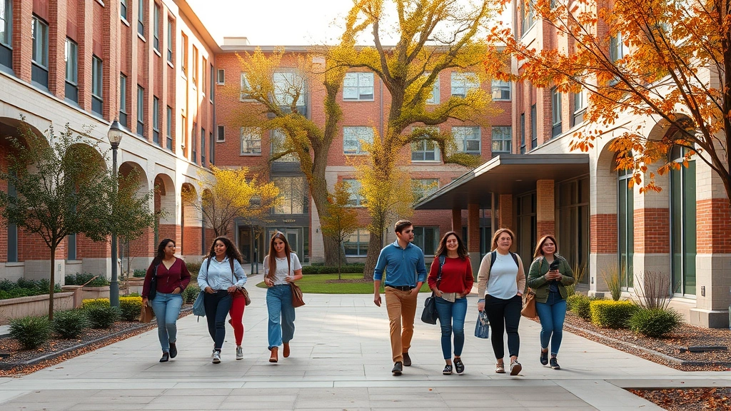 College campus courtyard with diverse students walking between buildings, autumn setting, warm afternoon light, inclusive community atmosphere, architectural elements, photorealistic detail