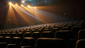 Cinematic projection light beaming from theater equipment onto empty luxury cinema seats, warm amber and deep blue color grading, photorealistic detail of modern theater technology