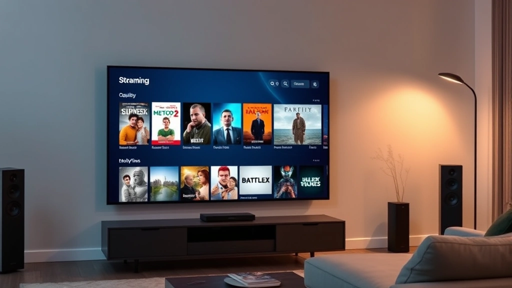 Digital streaming interface on large television screen showing movie catalog selection, soft living room ambient lighting, modern home entertainment setup with quality speakers