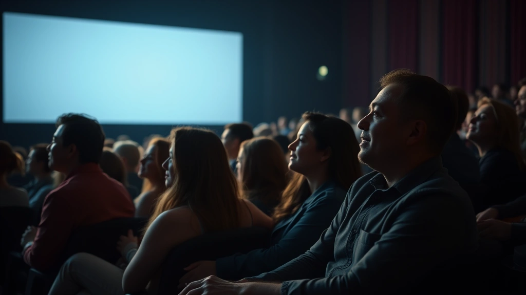 Diverse audience members sitting in cinema theater watching film, backlit by screen glow, candid expressions of engagement and entertainment, realistic theater environment