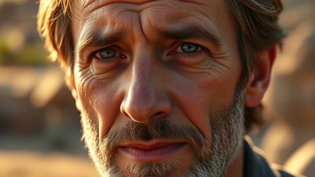 Close-up portrait of weathered male actor in natural lighting, showing distinctive facial features and character depth, outdoor setting with warm golden sunlight, professional cinematography style, no visible text or graphics