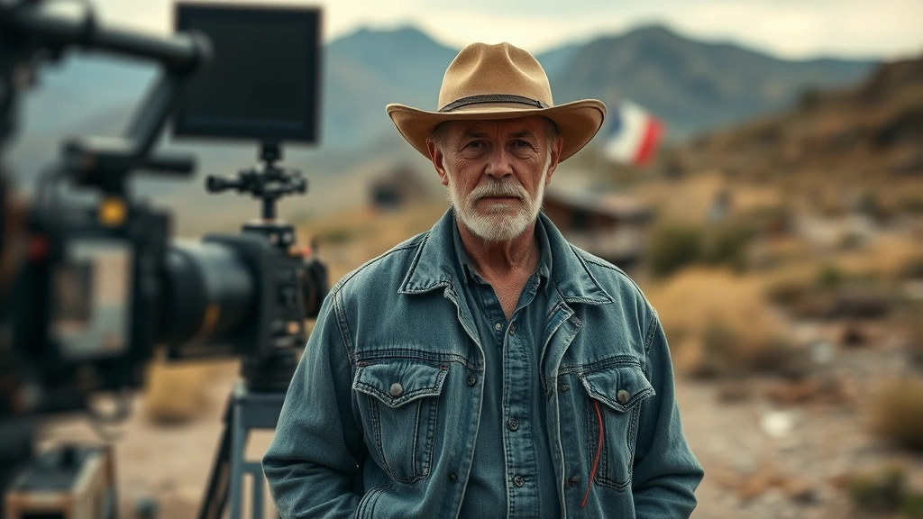 Veteran performer on film set wearing work-worn denim jacket, cinematic production lighting, rugged landscape background, depth of field photography emphasizing character presence and experience
