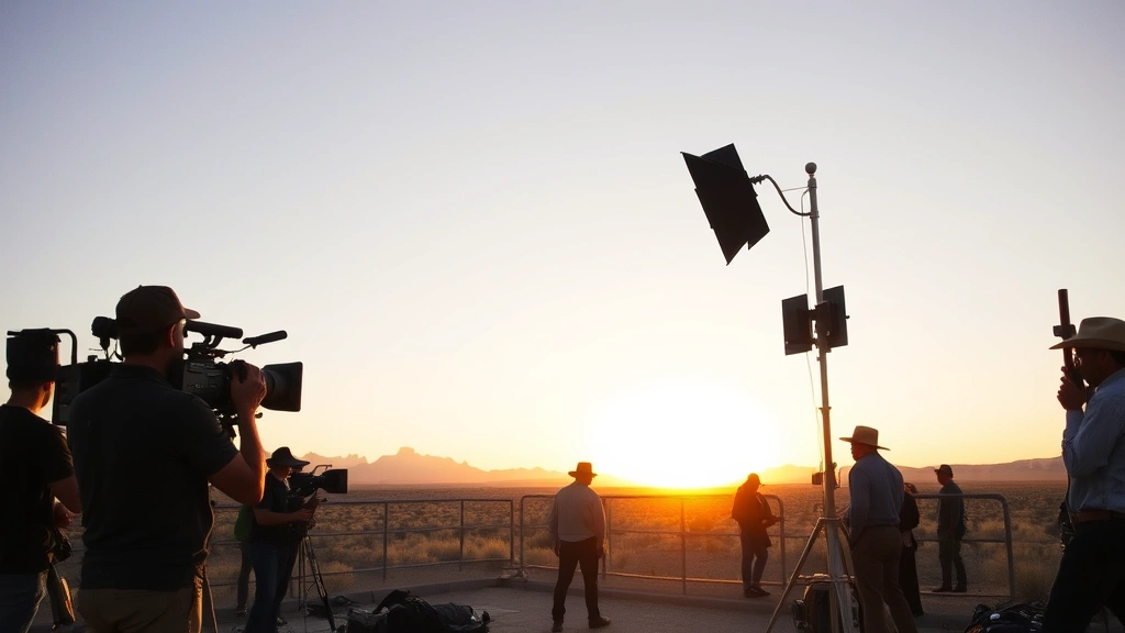 Professional film production scene with camera operators and lighting equipment, Western location setting with desert landscape, golden hour cinematography, crew working on dramatic scene setup, outdoor natural lighting