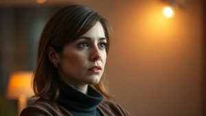 Professional actress performing emotional scene in contemporary drama, close-up on thoughtful facial expression, warm studio lighting, soft focus background