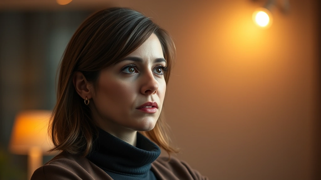 Professional actress performing emotional scene in contemporary drama, close-up on thoughtful facial expression, warm studio lighting, soft focus background
