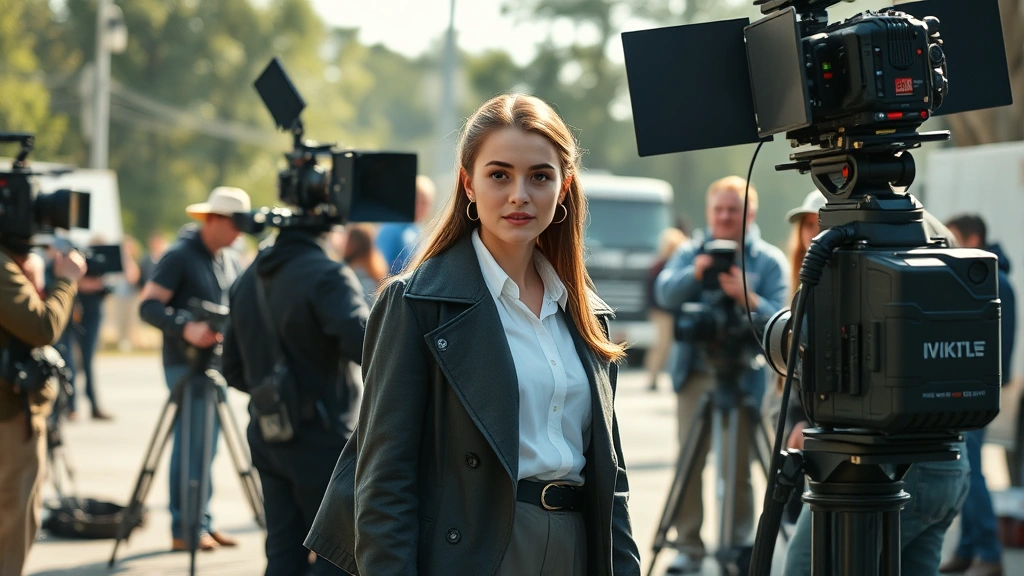 Young woman in professional costume on film set, surrounded by production equipment and crew members working collaboratively, naturalistic daylight