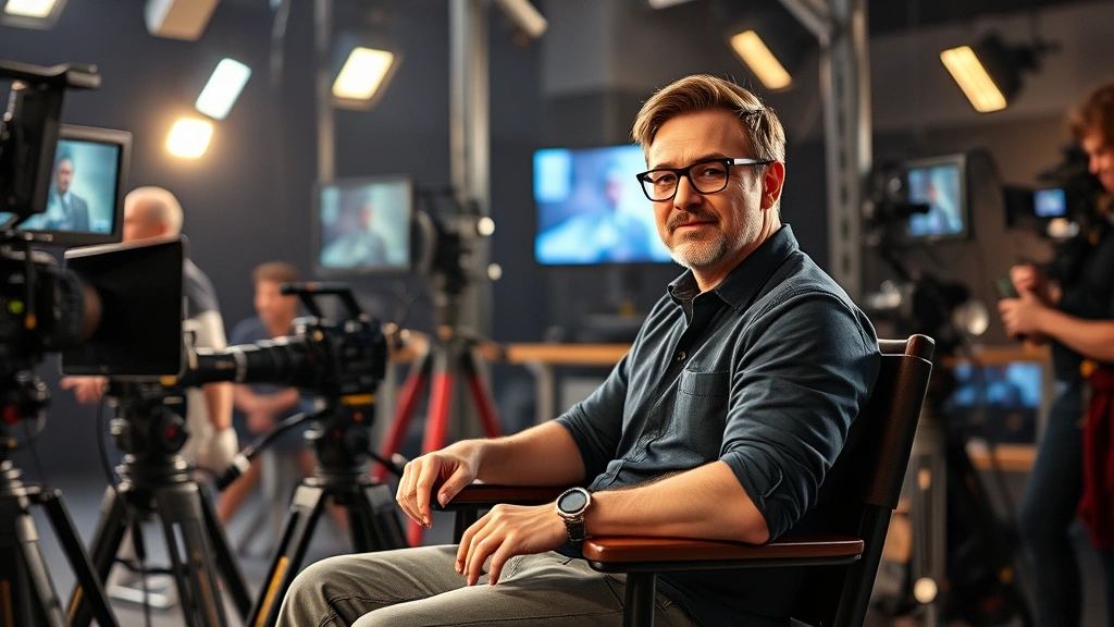 Professional actor in director's chair on film set, wearing glasses and casual crew attire, surrounded by camera equipment and production monitors, cinematic lighting