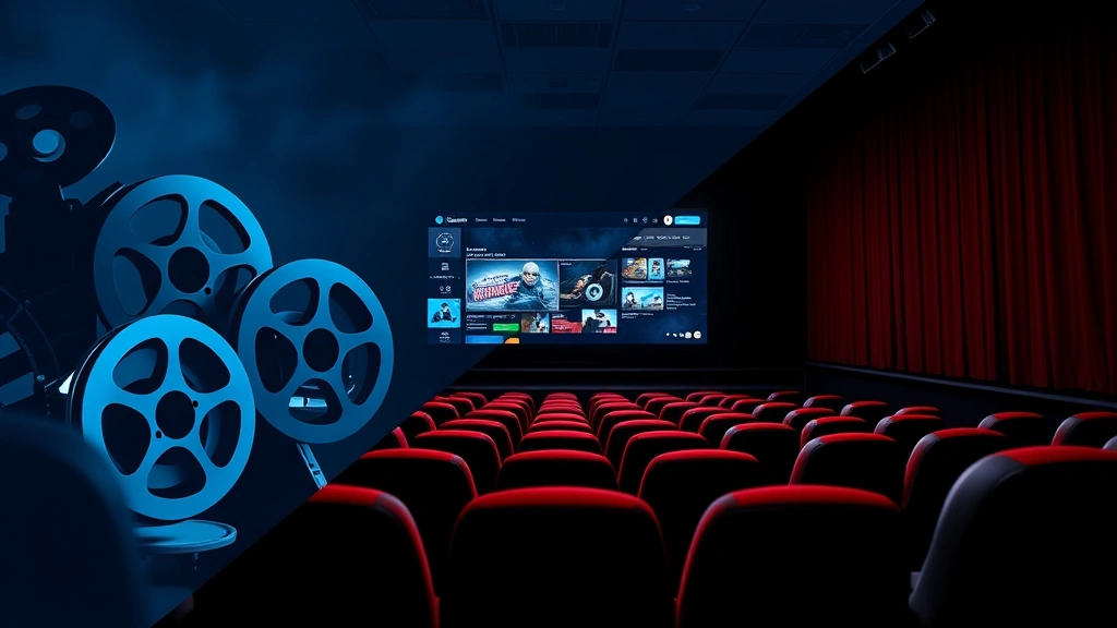 Split-screen composition showing film reels, streaming interface graphics, and movie theater seats, representing career evolution from traditional cinema to digital platforms