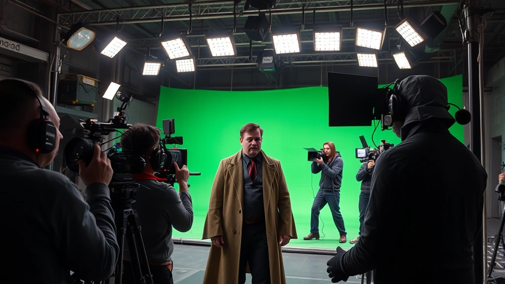 Behind-the-scenes photograph of actor in costume on elaborate movie set with crew members, green screen technology, and professional lighting rigs visible