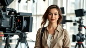 Professional woman actor in modern film production setting, wearing contemporary clothing, surrounded by professional cinema equipment and studio lighting, confident expression, natural daylight streaming through large windows