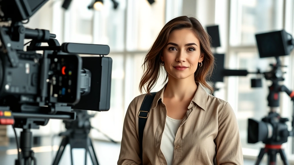 Professional woman actor in modern film production setting, wearing contemporary clothing, surrounded by professional cinema equipment and studio lighting, confident expression, natural daylight streaming through large windows