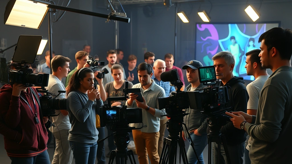 Diverse film crew collaborating on movie set with professional cameras, lighting rigs, and production monitors, multiple people of different backgrounds working together, vibrant creative energy, behind-the-scenes filmmaking atmosphere