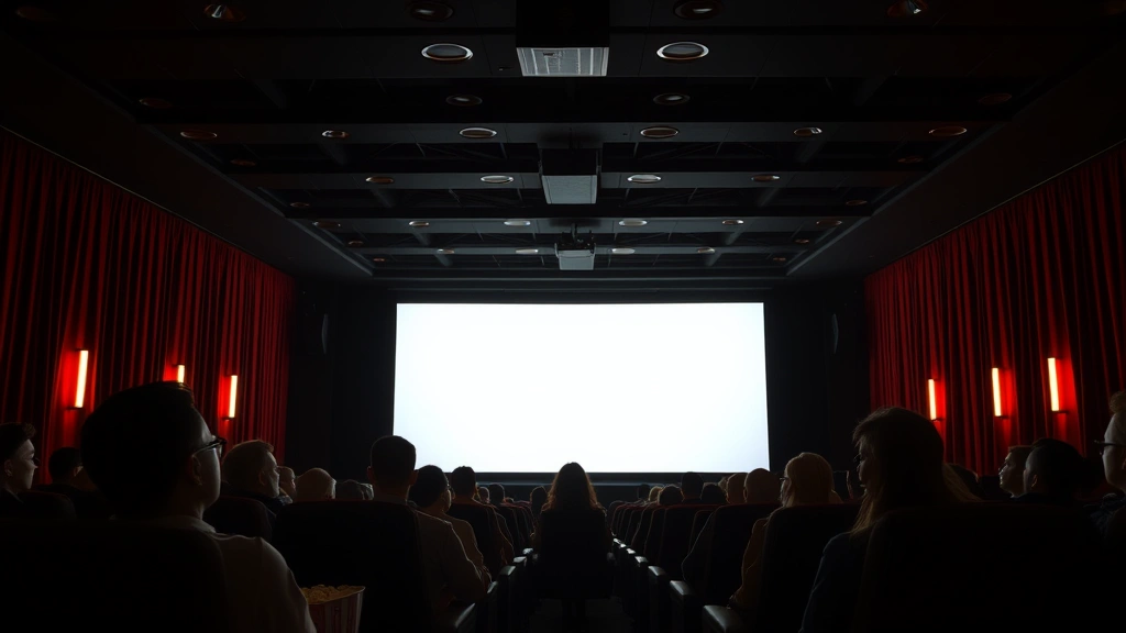 Movie theater interior with rows of seats facing illuminated screen, audience members silhouetted watching film, warm ambient lighting, popcorn containers visible, cinematic theatrical experience captured