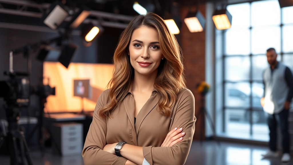 Professional female actress in modern television studio with warm professional lighting, contemporary production design, confident pose, natural expression