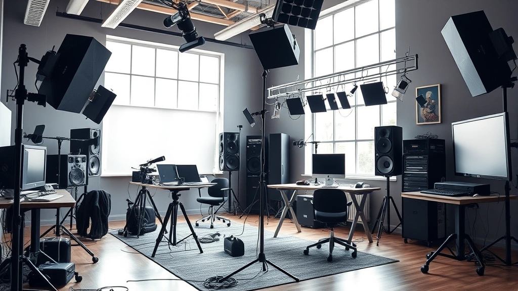 Entertainment industry workspace with modern production equipment, creative collaboration setup, professional setting with soft natural window lighting