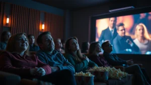 Dimly lit home theater room with viewers watching intense film scenes, popcorn scattered, faces showing tension and engagement, cool blue and amber lighting